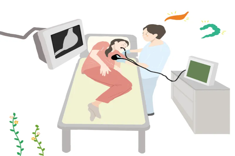 위장 내부를 내시경으로 촬영한 위염 및 위궤양 진단 이미지입니다.