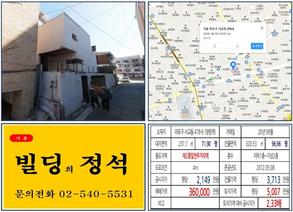  [마포구 30억 올근생 꼬마빌딩 실거래가 조회] 서교동 478-6 (망원역) 36억 원, 평당 5,007만 원 매매되었습니다. 망리단길, 망원시장