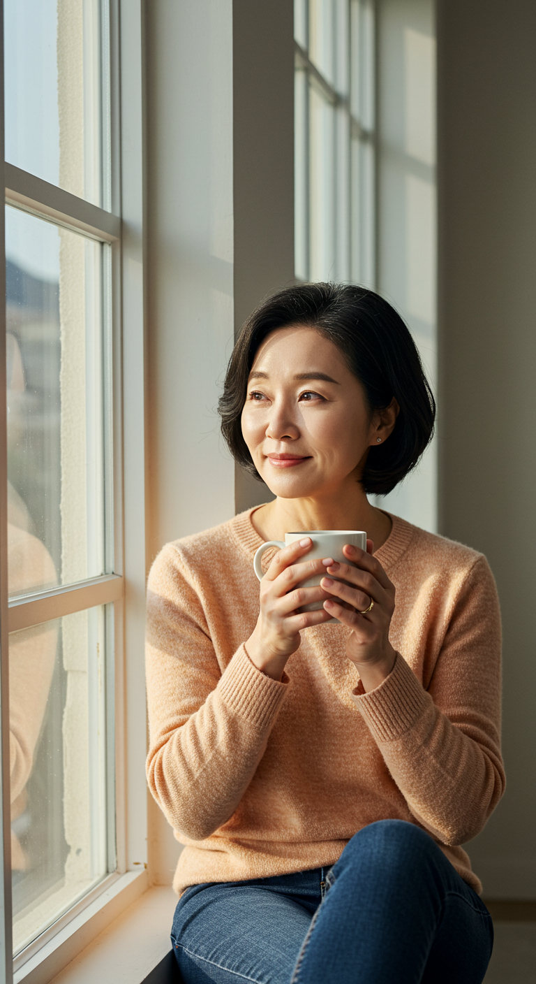 건강 회복을 위해 천마 분말을 마시는 중년 여성의 여유로운 모습