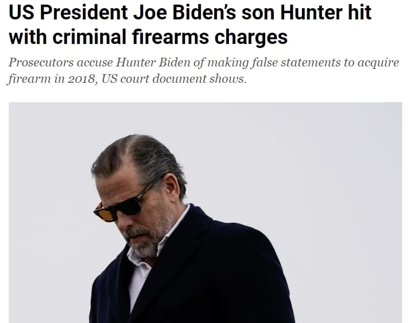 미 특검&#44; 헌터 바이든 불법 총기 구매 혐의로 기소...해외 비리 스캔들 은폐 목적? VIDEO:US President Joe Biden&rsquo;s son Hunter hit with criminal firearms charges