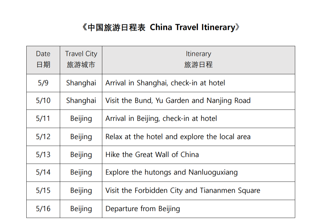 중국 비자 신청 여행 계획표 일정표 샘플