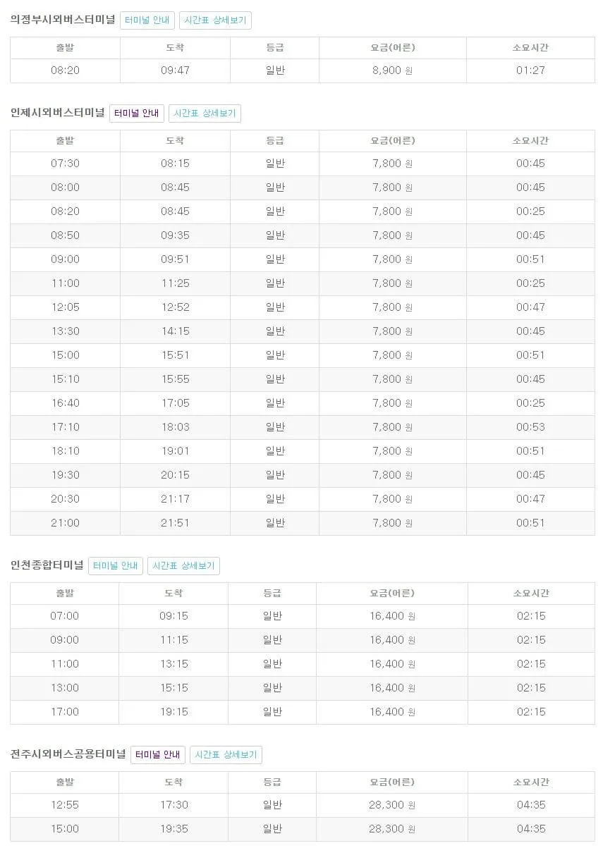 홍천시외버스터미널 시간표