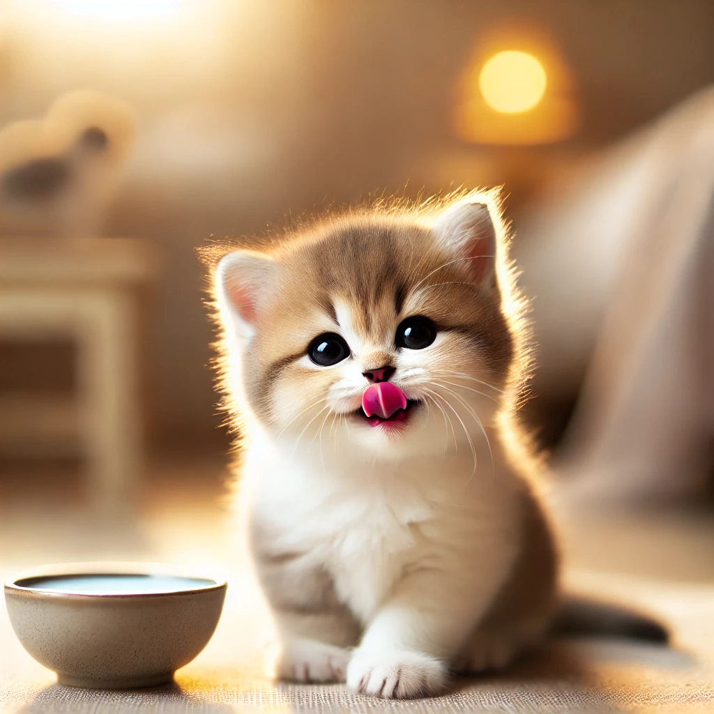 Baby cat happily smiling near a milk bowl