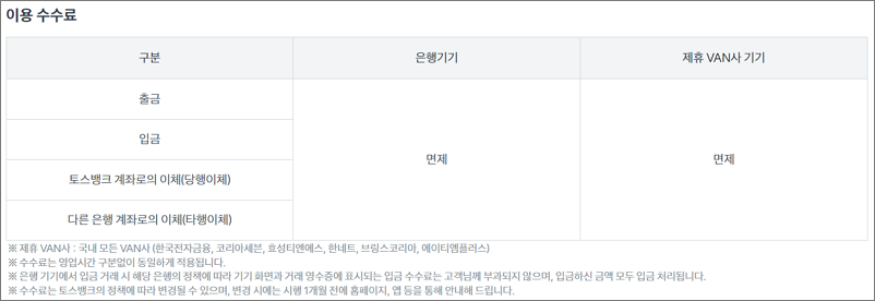 토스의 ATM기 이용 수수료를 안내하는 표입니다.