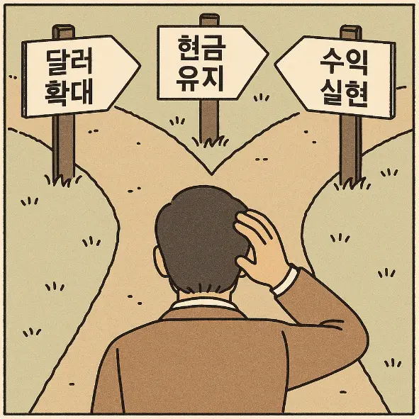 세 갈래 길 앞에 선 투자자. 팻말에는 '달러 확대', '현금 유지', '수익 실현'이 적혀 있음