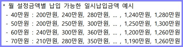 청년도약계좌 일시납입 월 설정금액 금액별 납입 가능한 일시납임금액