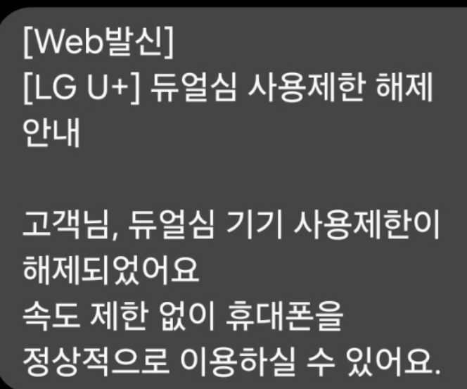 듀얼심 유심 사용제한 해제 완료 문자