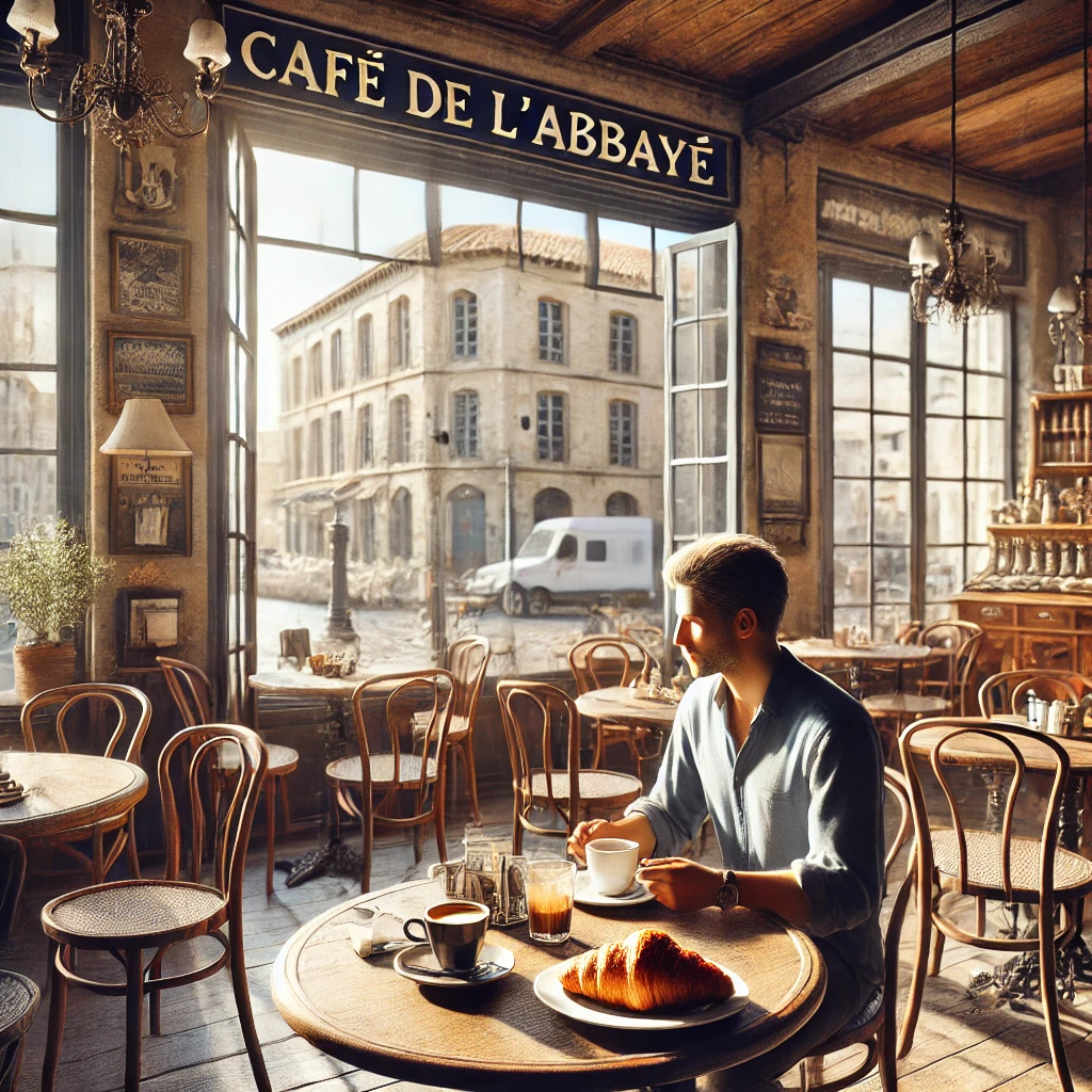 마르세유의 로컬 카페(예: Café de l'Abbaye)에서 크로와상 & 커피