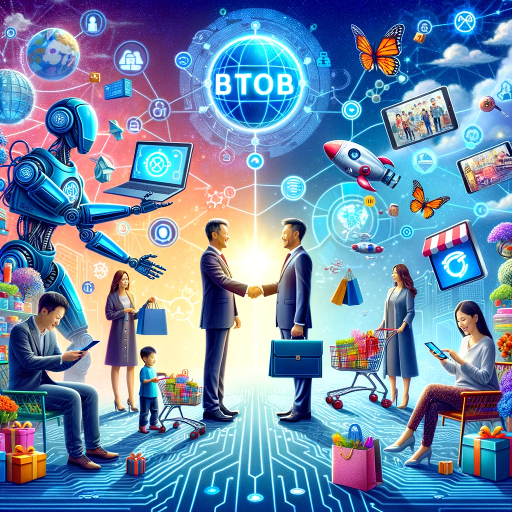 Vibrant scene of the e-commerce ecosystem in China. On one side&#44; BtoB is represented by a businessperson shaking hands with a robot&#44; emphasizing tech