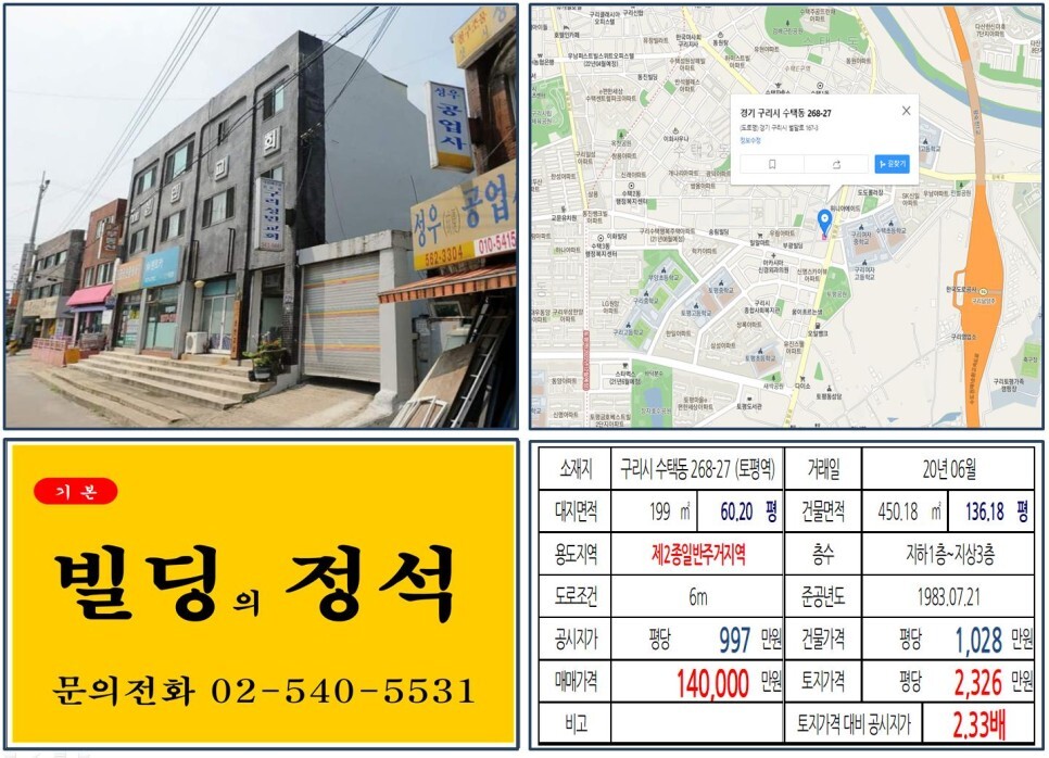  [구리시 별내선 연장개통 10억 올근생 꼬마빌딩 실거래가 조회] 수택동 268-27 (토평역) 14억 원, 평당 2,326만 원 매매되었습니다.