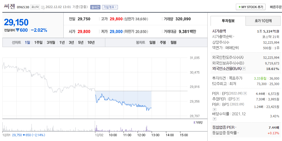  (096530)씨젠 주가 전망 씨젠 주가 급락 씨젠 공매도 증가 하락세