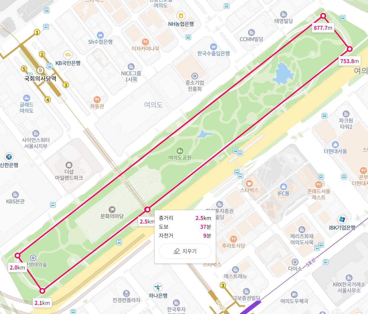 여의도공원 한 바퀴 거리(2.5km)