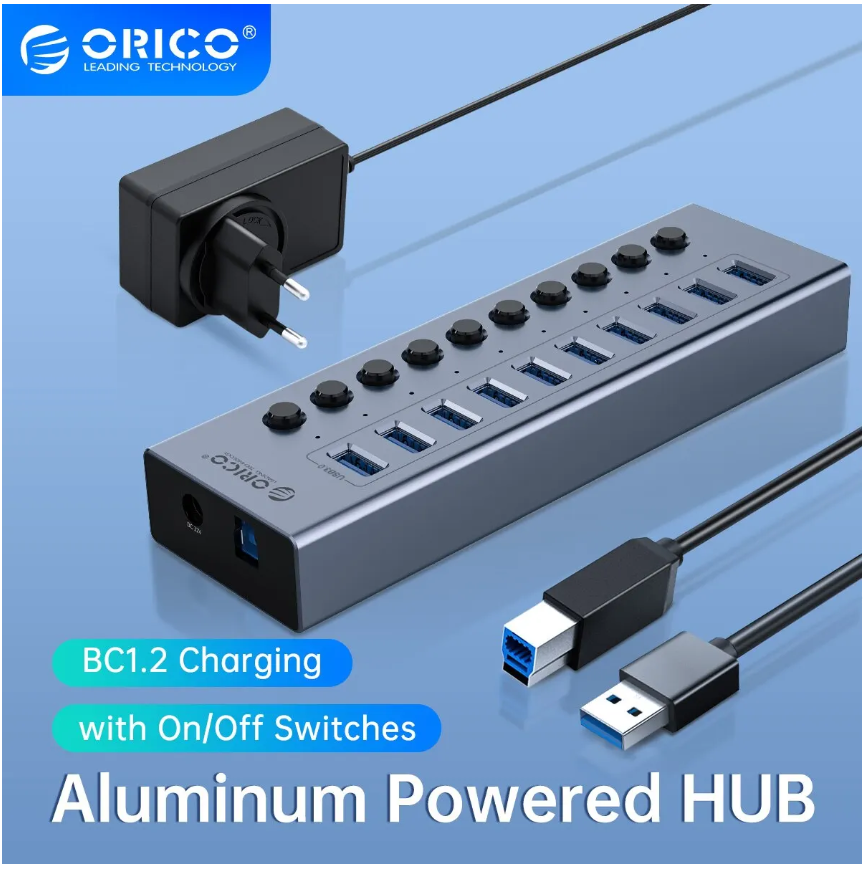  ORICO USB3.0 허브 맥북 휴대 전화 태블릿 용 12v 전원 어댑터 7 포트 스플리터 스플리트 스위치
