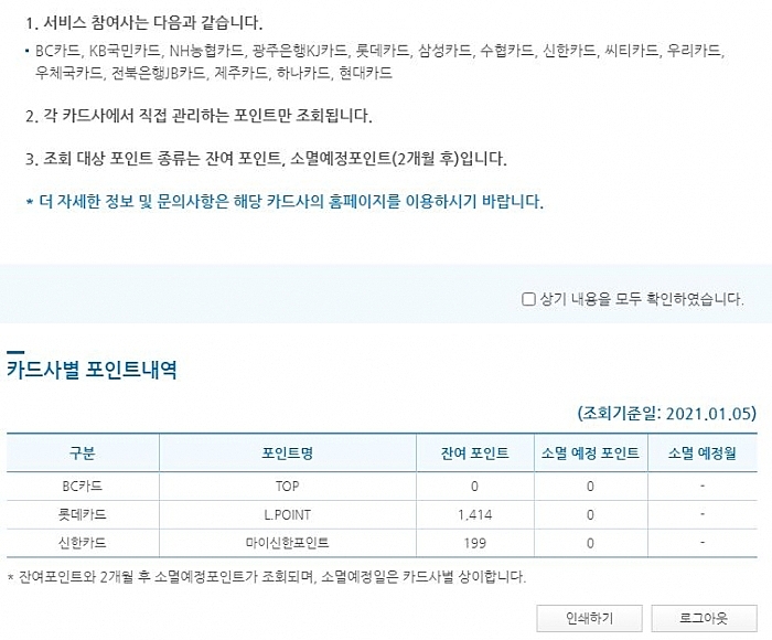  카드포인트 통합조회 서비스 이용 방법(어카운트인포,여신금융협회)