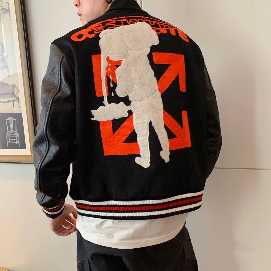  [OFF WHITE] 오프화이트 배럴 레더 바 시티 스타디움 자켓