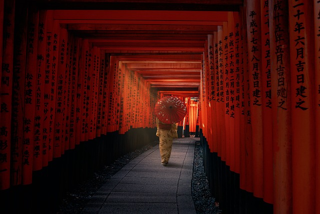 일본전통의상을-입고-우산을-쓰고-걸어가는-여성의-뒷모습