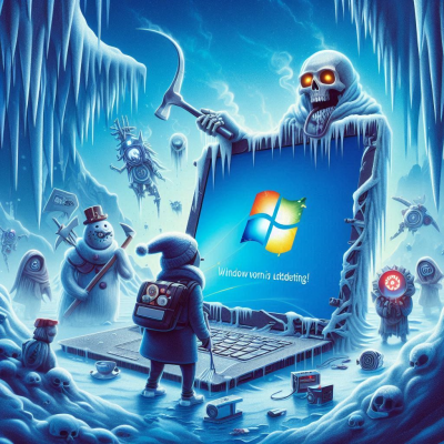 윈도우 부팅 중인 노트북 앞에 선 아이와 거대한 얼음 유령