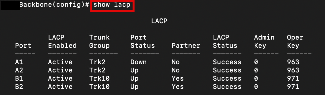 Aruba 스위치 show lacp