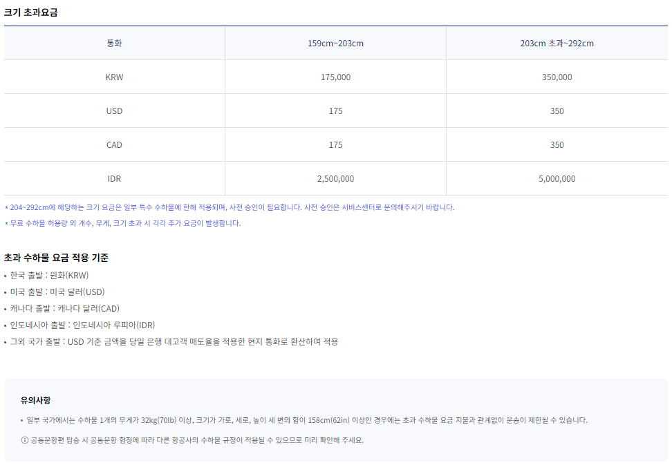 대한항공 초과 수하물 요금 규정-브라질 출도착 구간-일반석