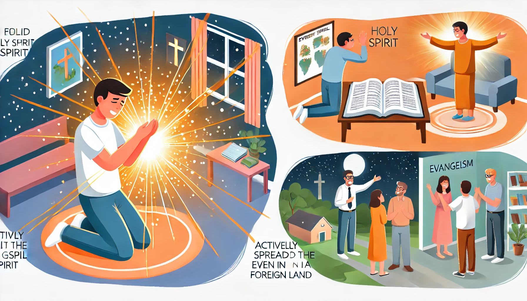 Here is the illustration showing a modern person fervently praying to be filled with the Holy Spirit&amp;#44; even in a foreign land&amp;#44; and actively spreading the gospel. The scenes include the person kneeling in earnest prayer&amp;#44; with a glowing sense of the Holy Spirit&amp;#39;s presence surrounding them&amp;#44; and another part depicting the person engaging in evangelism&amp;#44; sharing the gospel with passion and dedication to those around them. The settings feature a peaceful prayer space and various locations where the person is interacting with and spreading the gospel to others&amp;#44; reflecting a life devoted to evangelism and filled with the Holy Spirit.