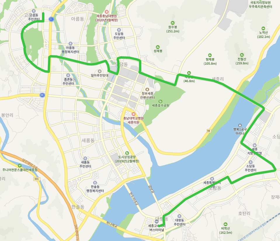  세종시 221번 버스 노선(고속시외버스터미널, 시청, 교육청, 정부세종청사)
