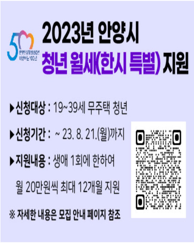  안양시 월 최대 20만 "청년 월세 지원사업" 추가모집 확대 운영 내용
