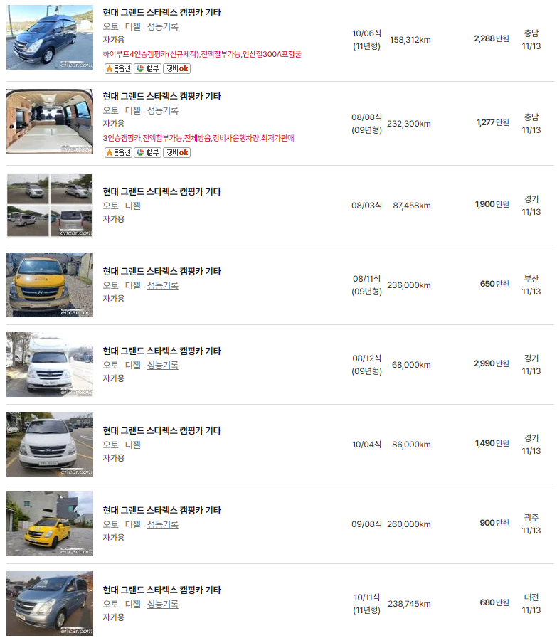 2005~2010년식 스타렉스 캠핑카 중고차 가격