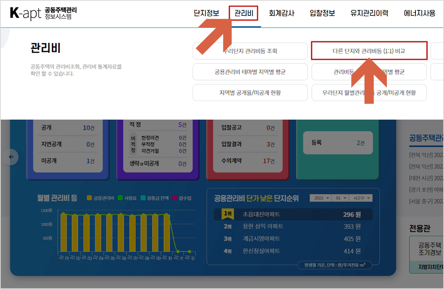 다른 단지와의 관리비 비교메뉴