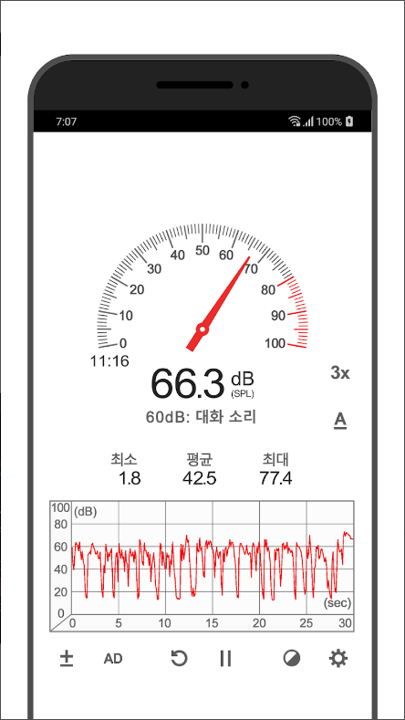 소음측정기 어플, 데시벨을 게이지로 표시, 데시벨을 그래프 보기