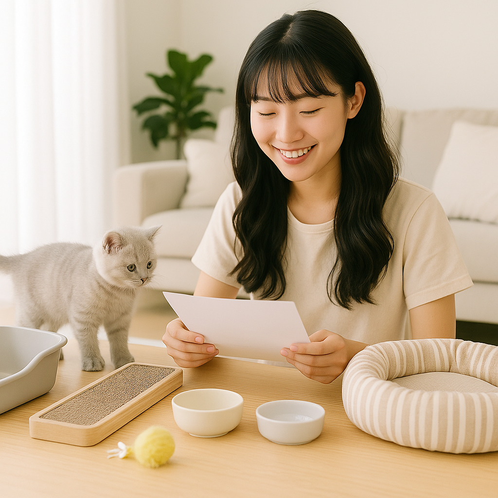체크리스트를 보며 입양 준비 중인 보호자와 주변 고양이 용품을 살펴보는 아기 고양이