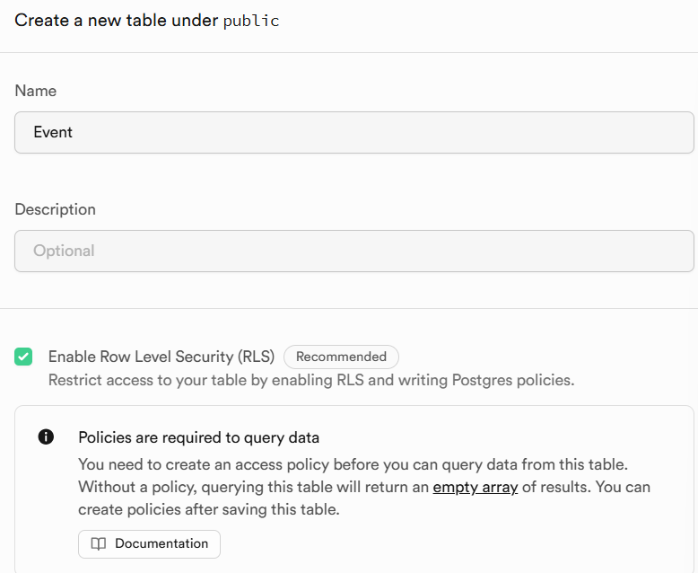 Enable Row Level Security를 체크한다.