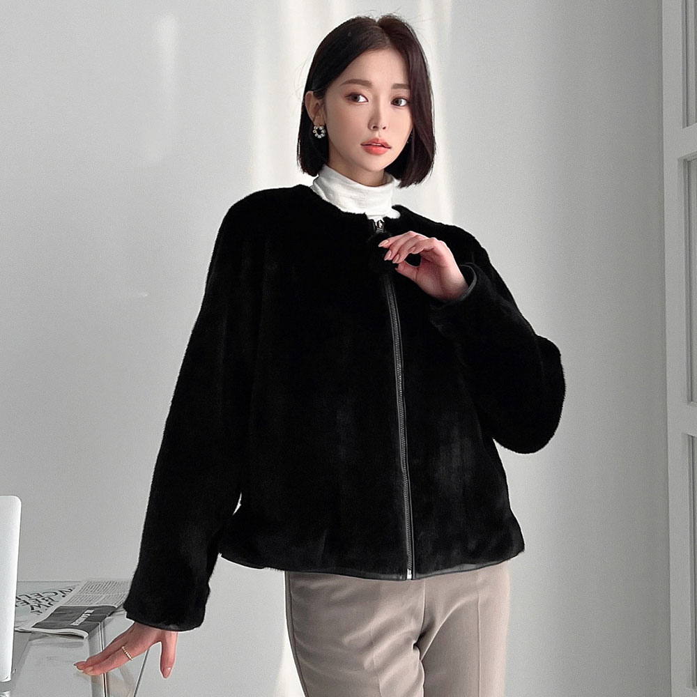 블랙그라마 밍크 라운드 뒷 주름 코트 모피 퍼 가죽 집업 자켓