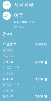 서울에서 여주 고속버스 소요시간, 요금, 거리 정보