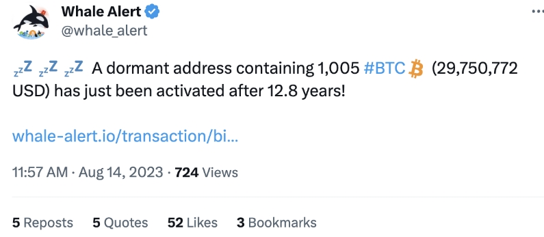 13년간 잠자던 비트코인 고래가 움직였다!...뭘 의미하는 것일까? Dormant Bitcoin Address with 1&#44;005 BTC Activated After 12.8 Years
