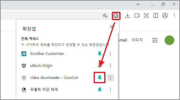 확장 앱 고정