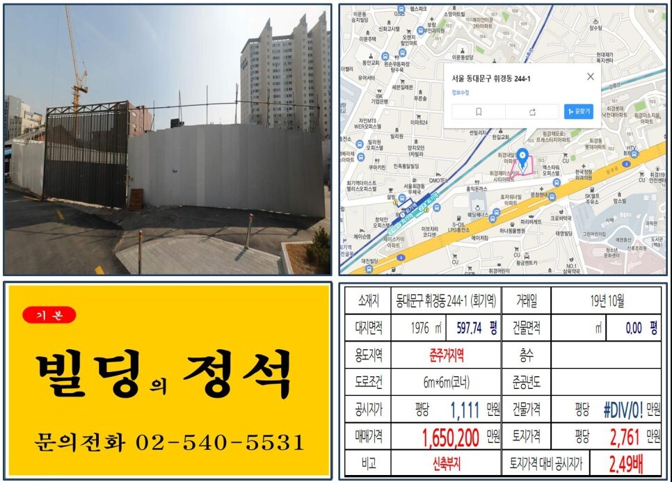  [동대문구 준주거지역 오피스텔 신축부지 100억 빌딩 실거래가 조회] 휘경동 244-1 (회기역) 165억 200만 원, 평당 2,761만 원 매매되었습니다.