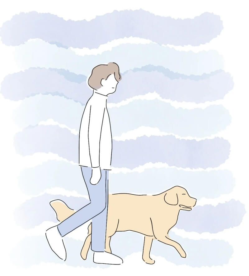 헤어진 남자 친구와 개가 산책하는 만화 그림