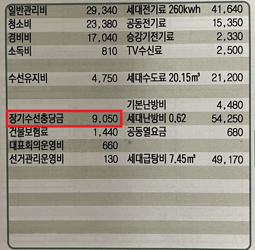 관리비 고지서 장기수선충당금