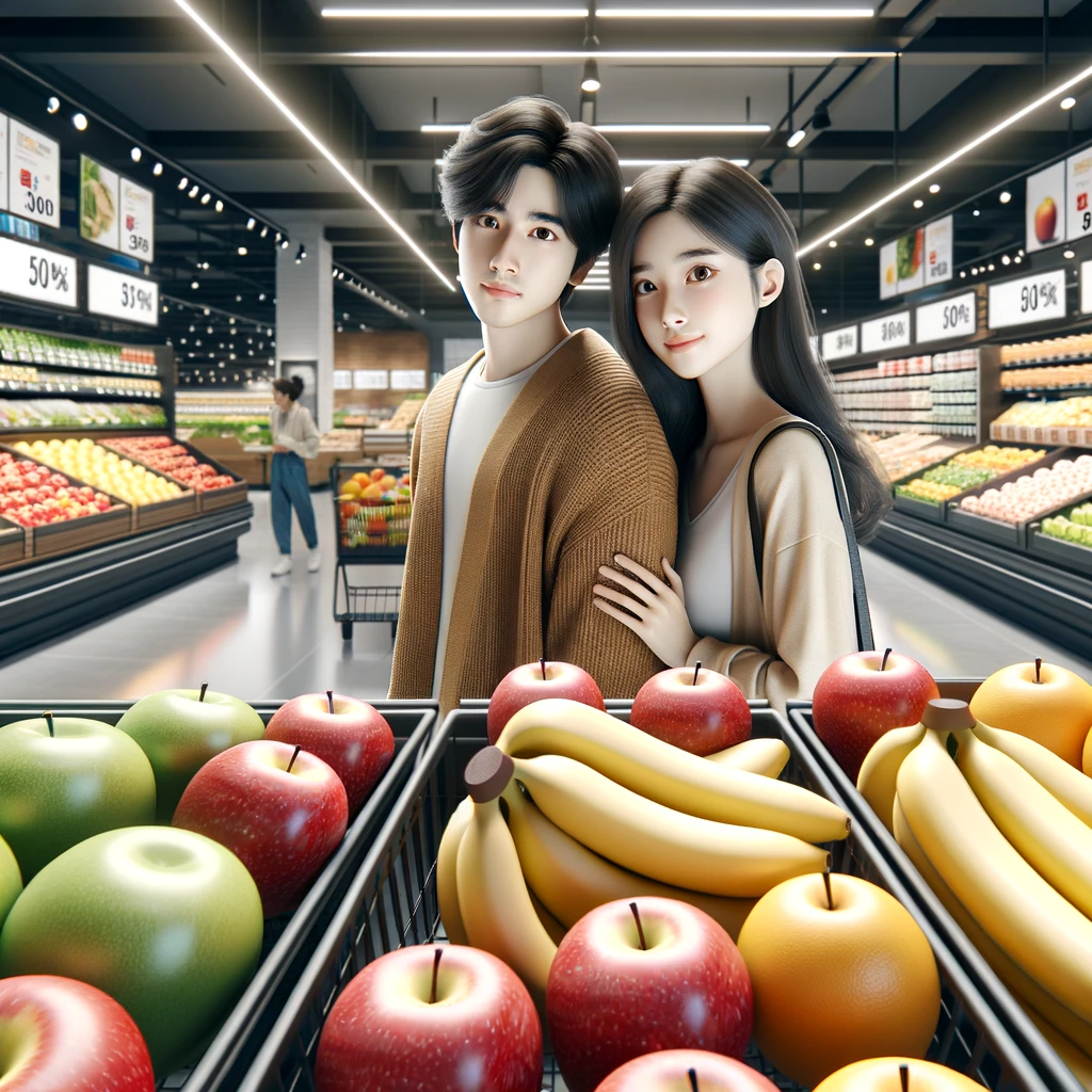 마트에서 과일을 장보는 젊은 부부&amp;#44; 농식품바우처 사용 예시