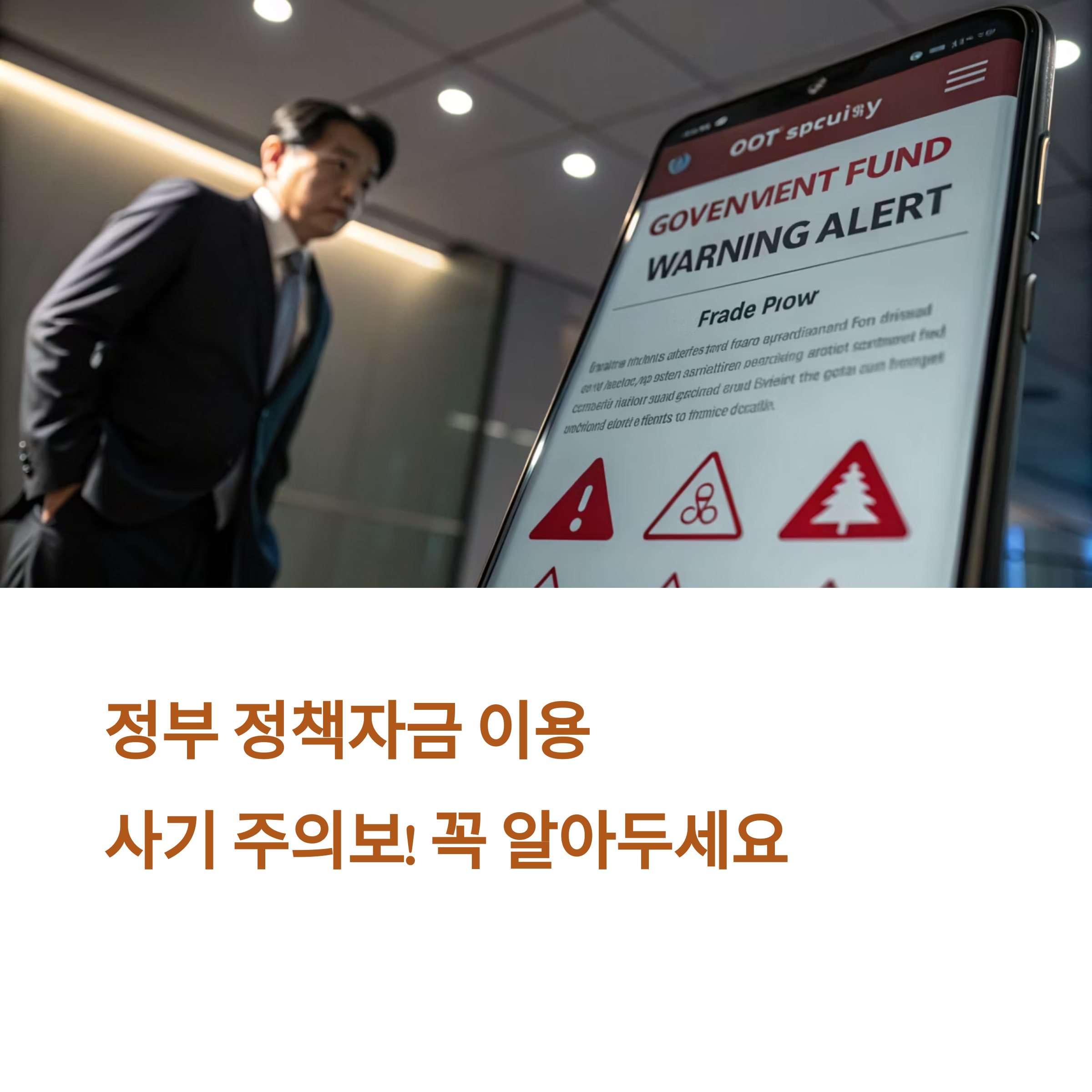 40대 중반 남성이 정부정책자금이용 사기에 대해 알아보려고함. 휴대폰에는 정부정책자금 이용 사기에 대한 주의 내용이 적힘