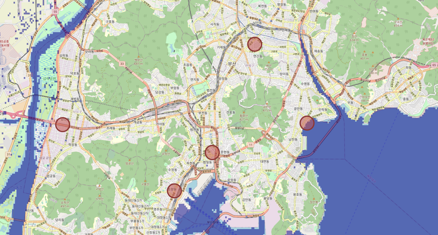 부산 중심 지도에서 최근 비가내려 침수된 곳을 표시