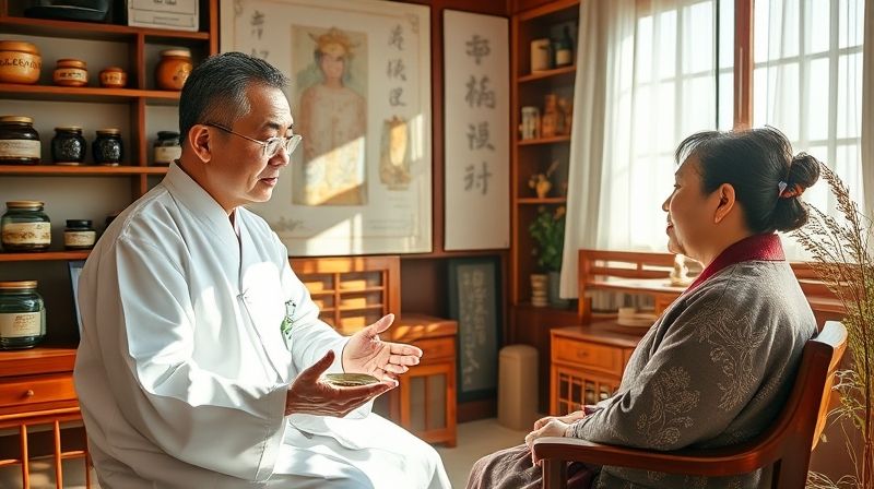 환자에게 공진단의 효능을 설명하는 전통 한의사