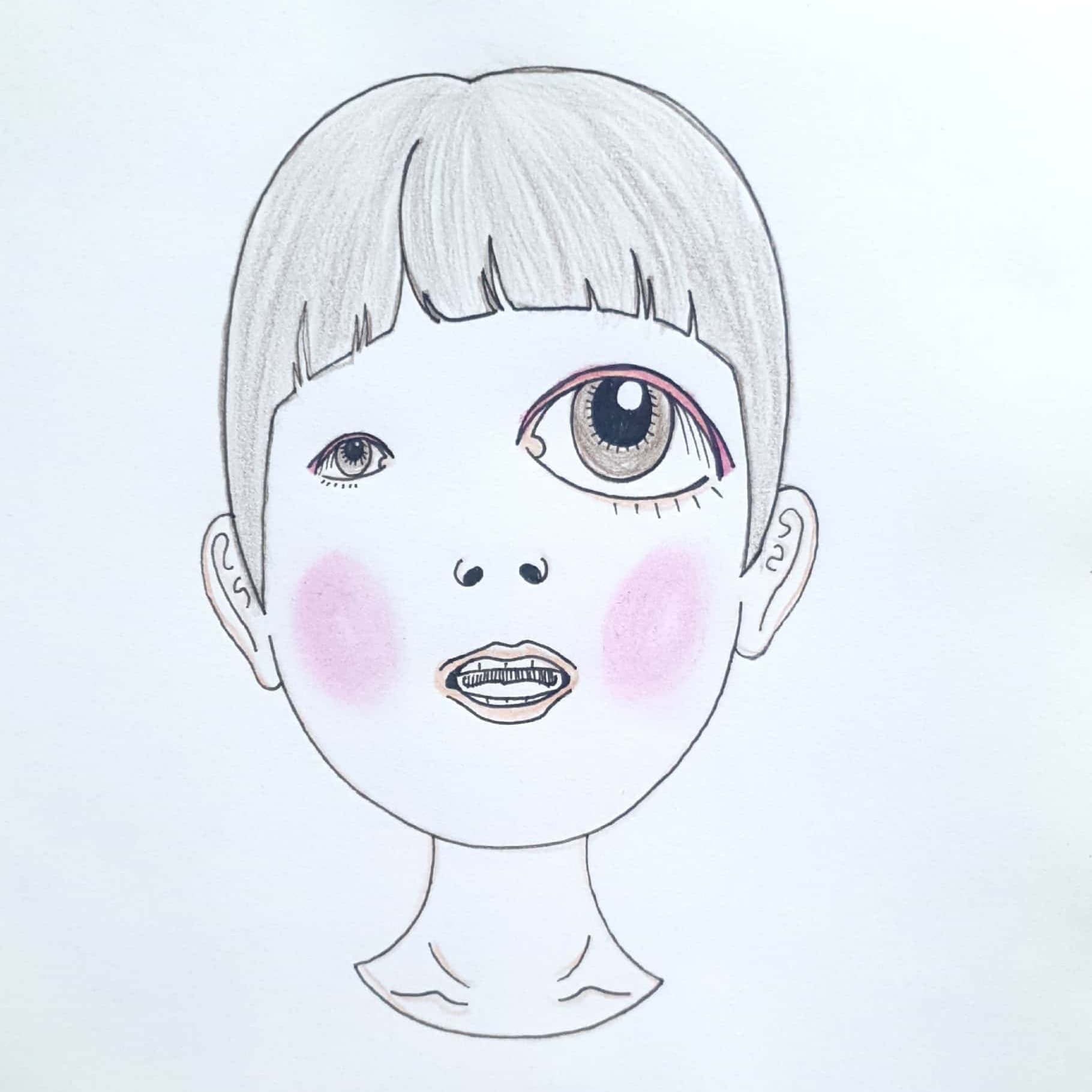  불균형한 눈을 크게 뜬 소년