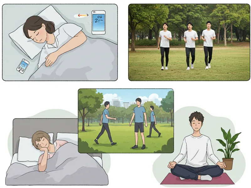수면, 운동, 건강한 식단, 명상을 통해 피로를 해결하는 젊은 층의 일상적인 모습을 보여주는 이미지