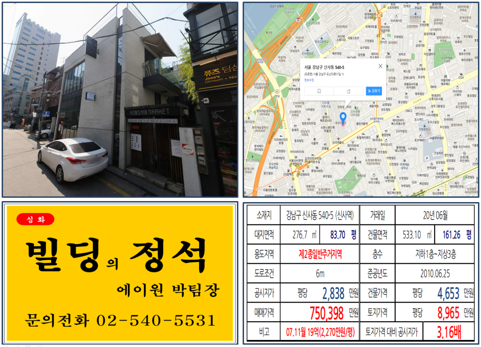  [강남구 신사동 가로수길 70억 꼬마빌딩 실거래가 조회] 신사동 540-5 (신사역) 75억 398원, 평당 8,965만 원, 가로수길, 세로수