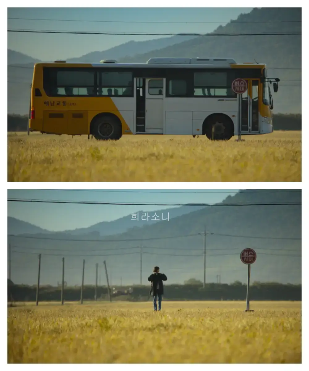 박하경 여행기 1회 한 장면. 노란 빛깔의 논 위에 선 노란 버스에서 내리는 하경.