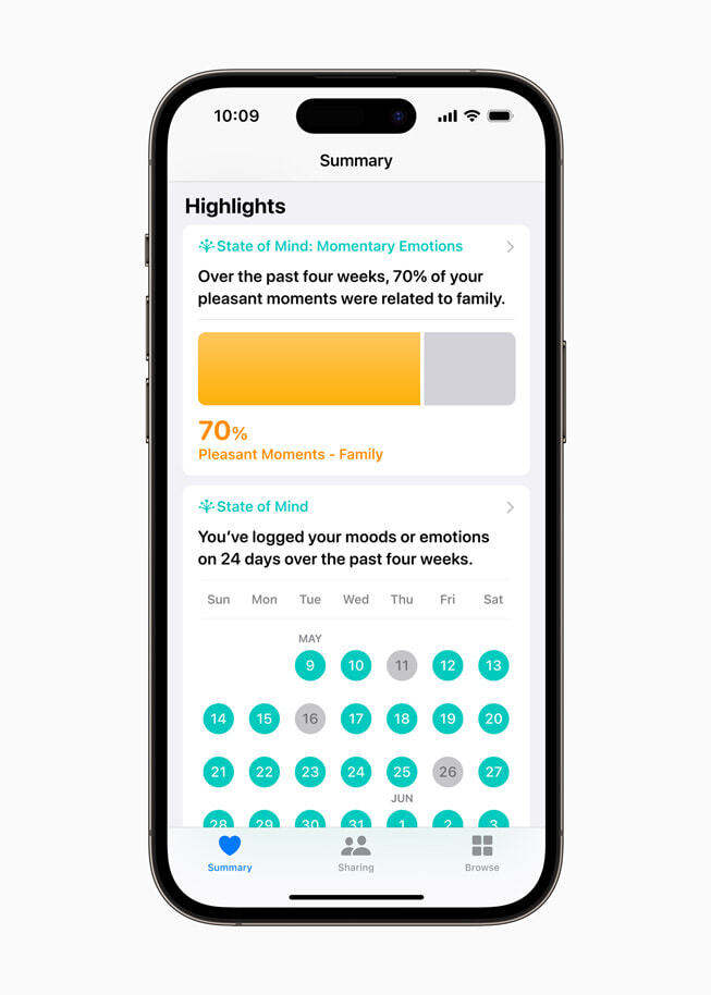 건강 앱에서 사용자들은 시간별 마음 상태에 관한 성찰을 요약해 주는 귀중한 하이라이트를 볼 수 있습니다.