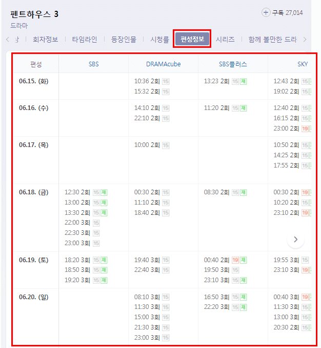 펜트하우스3 재방송 편성정보