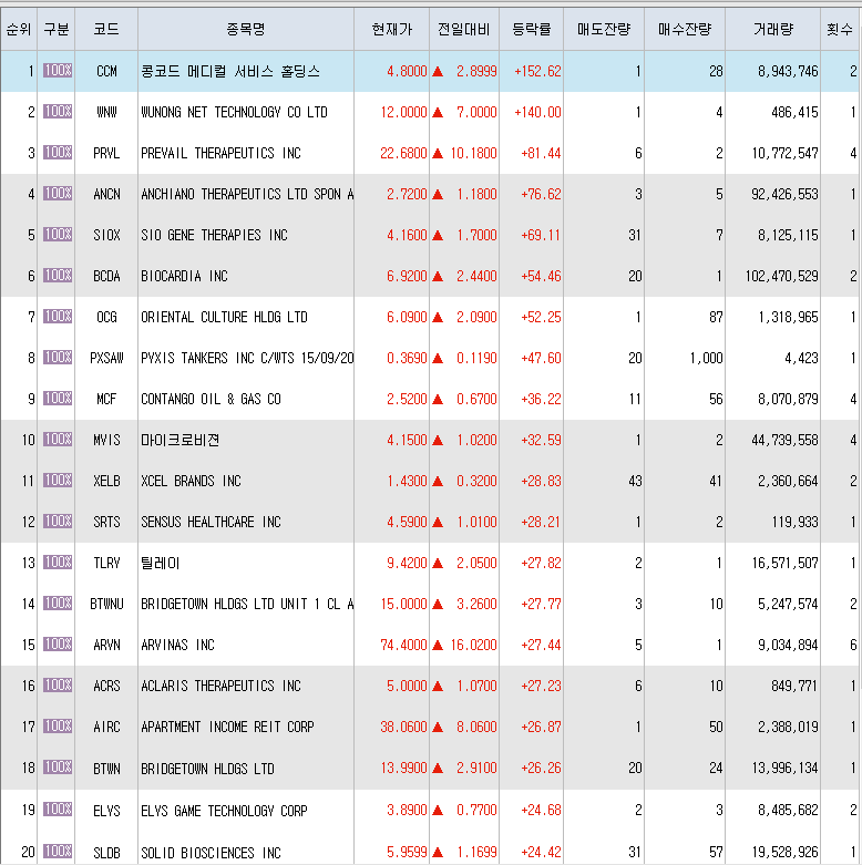  12월15일 미국주식 상승률 상위 종목 TOP 200