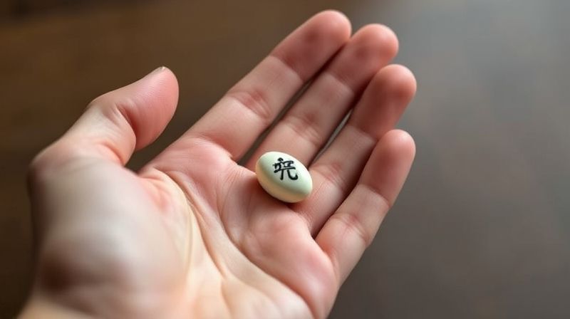 복용 준비가 된 하나의 공진단 환을 손에 들고 있는 모습
